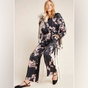 Anthropologie Harlyn Black Floral Jacquard Jumpsuit - XS PETITE (XSP)